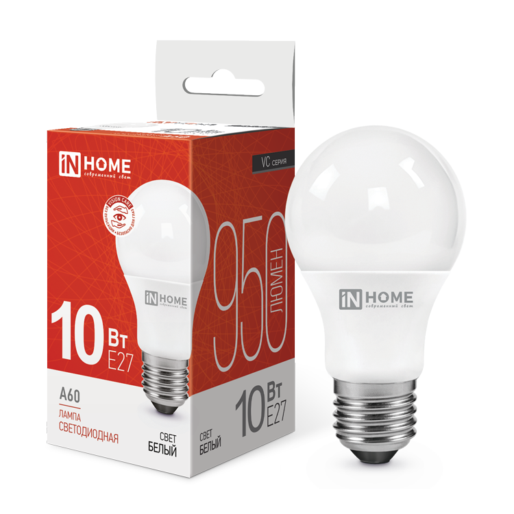 Лампа светодиодная LED-A60-VC 10Вт 230В Е27 4000К 950Лм IN HOME